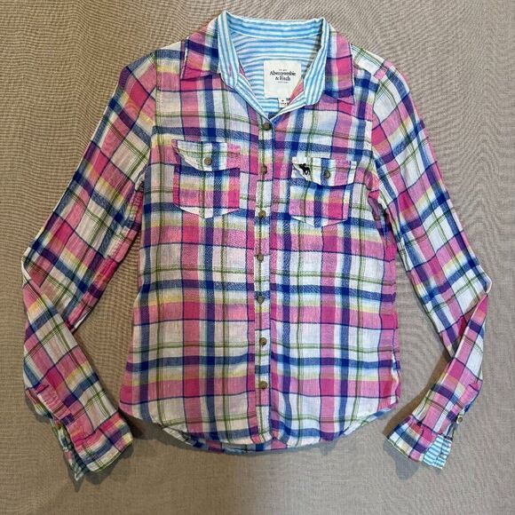 Abercrombie & Fitch Plaid Pink Y2K Linen Cotton Button Down Shirt Women’s Small - Picture 1 of 6